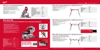 186 187
#MILWAUKEETOOL
MSL 3000
Výška (mm) 810
Rozměry základové desky (mm) 1100
Roztažitelné až do (mm) 3000
Rozměry složené (mm) 1200
Nosnost (kg) 250
Hmotnost (kg) 23.0
Dodávaný v −
Obj.č. 4933411565
MSL 2000
Výška (mm) 860
Rozměry základové desky (mm) 1093
Roztažitelné až do (mm) 2542
Rozměry složené (mm) 1093
Nosnost (kg) 227
Hmotnost (kg) 14.0
Dodávaný v −
Obj.č. 4933459617
MSL 1000
Výška (mm) 850
Rozměry základové desky (mm) 1065
Roztažitelné až do (mm) 2125
Rozměry složené (mm) 1065
Nosnost (kg) 180
Hmotnost (kg) 17.0
Dodávaný v −
Obj.č. 4933428970
MS 304 DB
Příkon (W) 1800
Počet otáček bez zatížení (ot./min) 3900
Průměr kotouče (mm) 305
Kapacita úkosu napravo (°) 48
Kapacita úkosu napravo (°) 48
Kapacita pokosu nalevo (°) 55
Kapacita pokosu do prava (°) 60
Max. kap. řezání pokosu 45° / úkosu 45° (mm) 57 x 241
Max. kap. řezání pokosu 45°/ úkosu 90° (mm) 102 x 241
Max. kap. řezání pokosu 90° / úkosu 45° (mm) 57 x 342
Max. kap. řezání pokosu 90° / úkosu 90° (mm) 102 x 342
Hmotnost (kg) 29.5
Dodávaný v −
Obj.č. 4933433340
MS 216 SB
Příkon (W) 1800
Počet otáček bez zatížení (ot./min) 6000
Průměr kotouče (mm) 216
Kapacita úkosu napravo (°) 48
Kapacita úkosu napravo (°) -2
Kapacita pokosu nalevo (°) 50
Kapacita pokosu do prava (°) 50
Max. kap. řezání pokosu 45° / úkosu 45° (mm) 190 x 48
Max. kap. řezání pokosu 45°/ úkosu 90° (mm) 190 x 60
Max. kap. řezání pokosu 90° / úkosu 45° (mm) 270 x 48
Max. kap. řezání pokosu 90° / úkosu 90° (mm) 270 x 60
Průměr hřídele (mm) 30
Hmotnost (kg) 14.5
Dodávaný v −
Obj.č. 4933419300
MS 216 | 81
/2˝ 216 MM POSUVNÁ POKOSOVÁ PILA
ºº Výkonný 1800 W motor – síla a výkon i při řezání do tvrdého dřeva
ºº Dva vertikální koleje se dvěma lineárními ložisky, plynulý posuv
ºº Rail Lock systém – pila se automaticky zastaví v zadní pozici
ºº Nastavitelný laser – pro rychlou a přesnou označení řezné linie
ºº Ocelová deska s nastavitelnými úhly poskytuje opakované přesné řezy
ºº Ergonomická rukojeť pro komfort při opakování řezů
ºº Systém Mitre release pro rychlou a snadnou změnu orientace pokosového
řezu
ºº Integrovaná LED světlo
ºº Aretace vřetena pro rychlou a snadnou výměnu kotouče
ºº Kompaktní základna - trvanlivost a dlouhá životnost
ºº Kapacita úkosu 48° / -2°
ºº Standardní vybavení: kotouč (48-zubů), klíč, upínadlo
MS 304 DB
12˝ (305 MM) POSUVNÁ POKOSOVÁ PILA S DUÁLNÍM ZKOSENÍM
ºº Přímý pohon motorem 1800 Watt s konstantní elektronikou – to
zajišťuje čisté a rychlé řezání i tvrdého dřeva
ºº Dvě zabudovaná pracovní světla osvětlují linii řezu
ºº Integrovaný prachový kanál – zachytí až 75 % nařezaného prachu
a pilin tím, že zachycuje piliny v blízkosti řezu na obou stranách
kotouče a odvádí jej do zadní části pily
ºº Jedinečná konstrukce motoru In-Line – pro výbornou viditelnost
opracovávaného kusu z obou stran a lepší vyváženost při přepravě
ºº Kapacita úkosu 55° nalevo a 60° napravo – pro maximální
univerzálnost. Aretace úkosu vlevo / vpravo na: 0°, 15°, 22,5°, 31,6°,
45° a 60°
ºº Úkos na obě strany – hlavu pily lze pootočit na obě strany o 0° – 48°,
s aretací v polohách nalevo/napravo: 0°, 22.5°, 33,85°, 45°, 48°
ºº Rychlé a přesné nastavení úkosu jednou páčkou
ºº Standardní vybavení: upínadlo opracovávaného kusu, pilový kotouč
(60 zubů), vakuový adaptér Ø 35 / 58 mm, klíč, 3 m kabel
Úkos na obě strany
Jemné nastavení pro přesný řez
NŮŽ S 60 ZUBY, SE ŠÍŘKOU
ŘEZU 3,2 MM PRO ŘEZÁNÍ MA-
SIVNÍHO DŘEVA, DŘEVOTŘÍSKY,
MDF / SOLOLITU, LAMINOVANÉ
DŘEVOTŘÍSKA, LAŤOVKY, PŘE-
KLIŽKY A OSB DESEK. 305 X 30
MM
Obj.č. 4932352141 Kovový doraz
Vyobrazené příslušenství je pouze ilustrativní. Pro další technické specifikace včetně údajů o hlučnosti a vibracích navštivte naši webovou stránku: www.milwaukeetool.cz
WWW.MILWAUKEETOOL.CZ
MSL 1000 | STOJAN NA POKOSOVOU PILU - ROZŠIŘITELNOST AŽ DO 2 M
ºº Lehká konstrukce – usnadňuje přenášení na pracovišti
ºº Celková délka 1,08 m, vejde se do většiny malých dodávek a aut
ºº Rozšiřitelnost na každou stranu 2,08 m
ºº Unese až 180 kg
ºº Jednobodové nohy pro vyrovnání na nerovném odkladě
ºº Rychlé odstranění podpěr
ºº Široká nastavitelnost délky nohou
ºº Kompaktní konstrukce
MSL 2000 | STOJAN NA POKOSOVOU PILU - ROZŠIŘITELNOST AŽ DO 2,5 M
ºº Lehká konstrukce – usnadňuje přenášení na pracovišti
ºº Celková délka 1,09 m, vejde se do většiny malých dodávek a aut
ºº Rozšiřitelnost na každou stranu 2,54 m
ºº Unese až 227 kg
ºº Jednobodové nohy pro vyrovnání na nerovném odkladě
ºº Rychlé odstranění podpěr
ºº Široká nastavitelnost délky nohou
ºº Kompaktní konstrukce
PRACOVNÍ STŮL PRO MSL 2000
Obj.č. 4932459713
MSL 3000 | STOJAN NA POKOSOVOU PILU - ROZŠIŘITELNOST AŽ DO 3 M
ºº Lehká konstrukce a sada koleček – usnadňuje přenášení na pracovišti
ºº Lze složit až na 1200 mm – díky skládacím nohám a kompaktní konstrukci
ºº Lze prodloužit až na 3 m – usnadňuje řezání rozměrných kusů na délku
ºº Heavy Duty – unese až 250 kg
ºº Jednobodové nohy pro vyrovnání na nerovném odkladě
ºº Pohodlná pracovní výška – 81 cm
ºº Plně nastavitelné podpěry opracovávaných kusů – zajišťují podporu
dlouhých kusů materiálu – nastavení pomocí jednoho knoflíku
ºº Rychlé sestavení - postaveno během sekund
ºº Válečkové podpěry – pro efektivní podpírání materiálu
Vyobrazené příslušenství je pouze ilustrativní. Pro další technické specifikace včetně údajů o hlučnosti a vibracích navštivte naši webovou stránku: www.milwaukeetool.cz
 