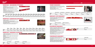 190 191
#MILWAUKEETOOL
REDCAST™ lité vodováhy 60 cm REDCAST™ lité vodováhy 80 cm
Délka (cm) 60 80
Rukojeti 0 0
Obj.č. 4932459098 4932459099
Torpédové vodováhy
Délka (cm) 17
Rukojeti 0
Obj.č. 4932459097
Stupňové vodováhy
Délka (cm) 25
Rukojeti 0
Obj.č. 4932459096
40 cm mag-
netické
60 cm mag-
netické
80 cm mag-
netické
100 cm
magnetické
120 cm
magnetické
180 cm
magnetické
200 cm
magnetické
240 cm
magnetické
40 cm ne-
magnetické
60 cm ne-
magnetické
80 cm ne-
magnetické
100 cm ne-
magnetické
120 cm ne-
magnetické
180 cm ne-
magnetické
200 cm ne-
magnetické
240 cm ne-
magnetické
Délka (cm) 40 60 80 100 120 180 200 240 40 60 80 100 120 180 200 240
Rukojeti 0 0 1 0 2 2 2 2 0 0 1 0 2 2 2 2
Obj.č. 4932459061 4932459063 4932459065 4932459067 4932459069 4932459071 4932459073 4932459075 4932459060 4932459062 4932459064 4932459066 4932459068 4932459070 4932459072 4932459074
40 cm
magnetické
60 cm
magnetické
80 cm
magnetické
100 cm
magnetické
120 cm
magnetické
180 cm
magnetické
40 cm
nemagnetické
60 cm
nemagnetické
80 cm
nemagnetické
100 cm
nemagnetické
120 cm
nemagnetické
180 cm
nemagnetické
Délka (cm) 40 60 80 100 120 180 40 60 80 100 120 180
Rukojeti 0 0 0 0 0 0 0 0 0 0 0 0
Obj.č. 4932459079 4932459081 4932459083 4932459085 4932459087 4932459089 4932459078 4932459080 4932459082 4932459084 4932459086 4932459088
Tenké vodováhy 40 cm Tenké vodováhy 60 cm Tenké vodováhy 80 cm Tenké vodováhy 100 cm Tenké vodováhy 120 cm Tenké vodováhy 180 cm Tenké vodováhy 200 cm
Délka (cm) 40 60 80 100 120 180 200
Rukojeti 0 0 0 0 0 0 0
Obj.č. 4932459090 4932459091 4932459092 4932459093 4932459094 4932459095 4932459590
60 cm nemagnetické 120 cm nemagnetické 180 cm nemagnetické
Délka (cm) 60 120 180
Rukojeti 0 0 0
Obj.č. 4932459893 4932459894 4932459895
REDSTICK ™
BACKBONE VODOVÁHY
ºº Celokovové BACKBONE™
. Nejsilnější, nejodolnější rám. Zesílená
retenční trubice.
ºº SHARPSITE™
technologie libel. Nejlepší čitelnost a nárazuvzdornost.
ºº Široké, odolné rukojeti pro pohodlí a přenosnost.
ºº Přesná frézovaná měřicí plocha zajišťuje přesnost ve všech pracovních
polohách..
ºº Trubicový system s vysokým kontrastem optimalizuje viditelnost a
snadno se čistí.
ºº Vysoká pevnost, Snímatelné kryty na koncovkách, ochranné rámy které
umožňují přístup i ve stísněných prostorech.
ºº Formované, protiskluzové rukojeti se zachytí na stěně a zabrání klouzání
a jsou použitelné i s koncovkami nebo i bez nich.
ºº Odolný, celokovový otvor na zavěšení ke skladování.
REDSTICK™
KOMPAKTNÍ VODOVÁHY
ºº SHARPSITE™
technologie libel. Nejlepší čitelnost a nárazuvzdornost.
ºº Kompaktní a odolný rám.
ºº Dolní frézovaná měřící plocha zaručuje přesné měření.
ºº Libela s vysokým kontrastem optimalizuje viditelnost a snadno se čistí.
ºº Zesílené magnety ze vzácných prvků pro maximální držení na materiálu
(pouze magnetické vodováhy).
ºº Přesnost měření 0,029°, (0,5 mm/m) v normální i obrácené poloze.
ºº Snímatelné gumové kryty na koncovkách absorbují nárazy.
REDSTICK™
VODOVÁHY NA BETON
ºº SHARPSITE™
(ostré místo) tato technologie/konstrukce stahovací latě s
vodováhou, zlepšuje její čitelnost.
ºº Ergonomický profil zajišťuje maximální životnost a souvislé uchopení po
celé délce.
ºº Široká hořčíková základna pro zlepšení funkčnosti stahovací latě a pro
lepší čištění.
ºº Speciální pracovní hrany mají zaoblený a čtvercový spodní okraj pro
řezání a dokončování betonu.
ºº Vysoce kontrastní systém vodováhy je lehce čitelný a optimalizuje
viditelnost.
ºº Okolí vodováhy je optimalizováno na stahovací operace a snadnost
čištění.
ºº Sklon vodováhy je 1/8˝  1
/4˝ (1 %  2 %).
WWW.MILWAUKEETOOL.CZ
TENKÉ VODOVÁHY
ºº 2 pevné akrylové trubice. Nárazuvzdorné a odolné proti UV záření.
ºº Přesné milimetrové měření až do 120 cm zaručuje maximální přesnost.
ºº Koncovky tlumícíe nárazy.
ºº Protiskluzové uchycení přilne ke stěně a brání klouzání.
ºº Odolný otvor na zavěšení ke skladování.
ºº VPA certifikát pro přesnost.
ºº Zaručená životnost. S přesností na 0,029° (0,0005˝ / v, 0,5 mm / m).
REDCAST LITÉ VODOVÁHY
ºº 2 pevné akrylové trubice. Nárazuvzdorné a odolné proti UV záření.
ºº 2 Heavy Duty kovadlina podložky z hliníkové slitiny pro zpracování
úderů během obkladačských prací.
ºº Na profilu vodováhy otvor na vrták v průměru od 5 do 12 mm.
ºº Přesné milimetrové měření povrchu zaručuje přesnost ve všech
pracovních pozicích.
ºº Odolný otvor na zavěšení ke skladování.
ºº VPA certifikát pro přesnost.
STUPŇOVÉ VODOVÁHY
ºº SHARPSITE™
technologie trubičky. Nejlepší čitelnost a nárazuvzdornost.
ºº Uzamčení 360°, nastavitelná trubice. Identifikuje a opakujte nastavení
jakéhokoliv úhlu potřebného na pracovišti. Uzamkne trubici na místě,
aby zajistila přesnost uvnitř i venku z kapsy.
ºº Zesílené magnety ze vzácných prvků. Zesílená konstrukce magnetického
obvodu přesměruje pole dodávající 2X sílu držení.
ºº Zesílené olověné trubky. Pevné akrylové blokové trubice poskytují
odolnost a maximální čitelnost.
ºº Tělo z hliníkové slitiny odolává těžkým podmínkám na pracovišti.
ºº Přesné milimetrové měření povrchu zaručuje přesnost ve všech
pracovních pozicích.
ºº Otvor na šňůrku pro použití s většinou programů prevence.
ºº S přesností na 0,029° (0,0005˝ / v, 0,5 mm / m).
TORPÉDOVÉ VODOVÁHY
ºº Zesílené magnety ze vzácných prvků. Zesílený konstrukce magnetického
obvodu přesměruje pole dodávající 2X více síly držení.
ºº Maximálně zobrazovací plocha. Lehká čitelnost v 1
/8 nebo 1
/4 naklonění
v obou směrech.
ºº Zesílené akrylové trubice poskytují odolnost a maximální čitelnost.
ºº Čisté připojení. Lehká vodováha na svařené materiály, potrubí a jiné.
ºº Optimalizovaná V-drážka pro stabilitu na neželezném potrubí.
ºº Pálený okraj se stupnicí pro rychlé měření na materiálu.
ºº Štíhlý, zúžený design pro snadné vytahování a vkládání do kapsy.
 