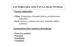 *Factores ambientales
- Clima: Temperatura, humedad relativa, precipitaciones,
nubosidad.
- Suelo: textura y estructura del suelo, humedad edáfica,
nutrientes.
Características físico- químicas del herbicida
- Estructura química
- Polaridad
- Solubilidad
- Volatilidad
FACTORES QUE AFECTAN LA SELECTIVIDAD
 