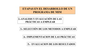 .
ETAPAS EN EL DESARROLLO DE UN
PROGRAMA DE MIM
2.-ANALISIS Y EVALUACIÓN DE LAS
PRÁCTICAS A EMPLEAR
3.- SELECCIÓN DE LOS METODOS A EMPLEAR
4.- IMPLEMENTACION DE LAS PRÁCTICAS
5.- EVALUACION DE LOS RESULTADOS
 
