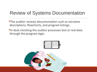 Review of Systems Documentation
The auditor reviews documentation such as narrative
descriptions, flowcharts, and program listings.
In desk checking the auditor processes test or real data
through the program logic.
 