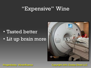 “Expensive” Wine



• Tasted better
• Lit up brain more



@rogerdooley #brainfluence   Copyright 2013, Dooley Direct LLC
 
