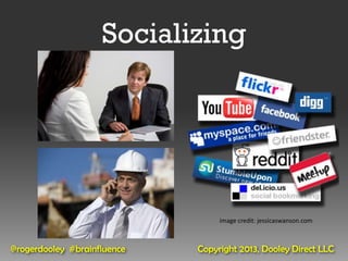 Socializing




                                  image credit: jessicaswanson.com



@rogerdooley #brainfluence   Copyright 2013, Dooley Direct LLC
 