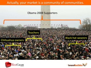 Actually, your market is a community of communities.

                   Obama 2008 Supporters




                   Teachers
                                           Black hat wearers
Chihuahua owners
 