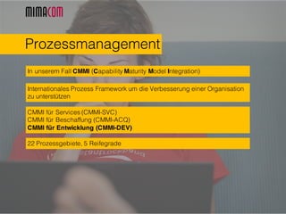 In unserem Fall CMMI (Capability Maturity Model Integration)
Prozessmanagement
Internationales Prozess Framework um die Verbesserung einer Organisation
zu unterstützen
CMMI für Services (CMMI-SVC)
CMMI für Beschaffung (CMMI-ACQ)
CMMI für Entwicklung (CMMI-DEV)
22 Prozessgebiete, 5 Reifegrade
 