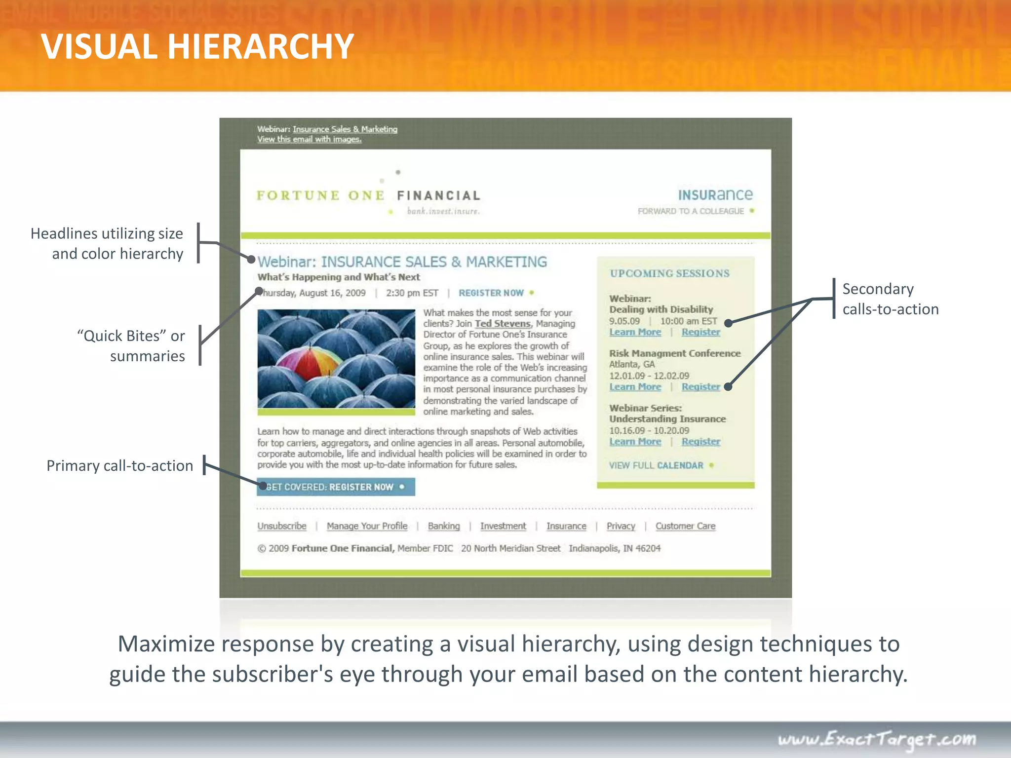 Headlines utilizing size and color hierarchySecondary calls-to-actionPrimary call-to-actionMaximize response by creating a visual hierarchy, using design techniques to guide the subscriber's eye through your email based on the content hierarchy.VISUAL HIERARCHY“Quick Bites” or summaries