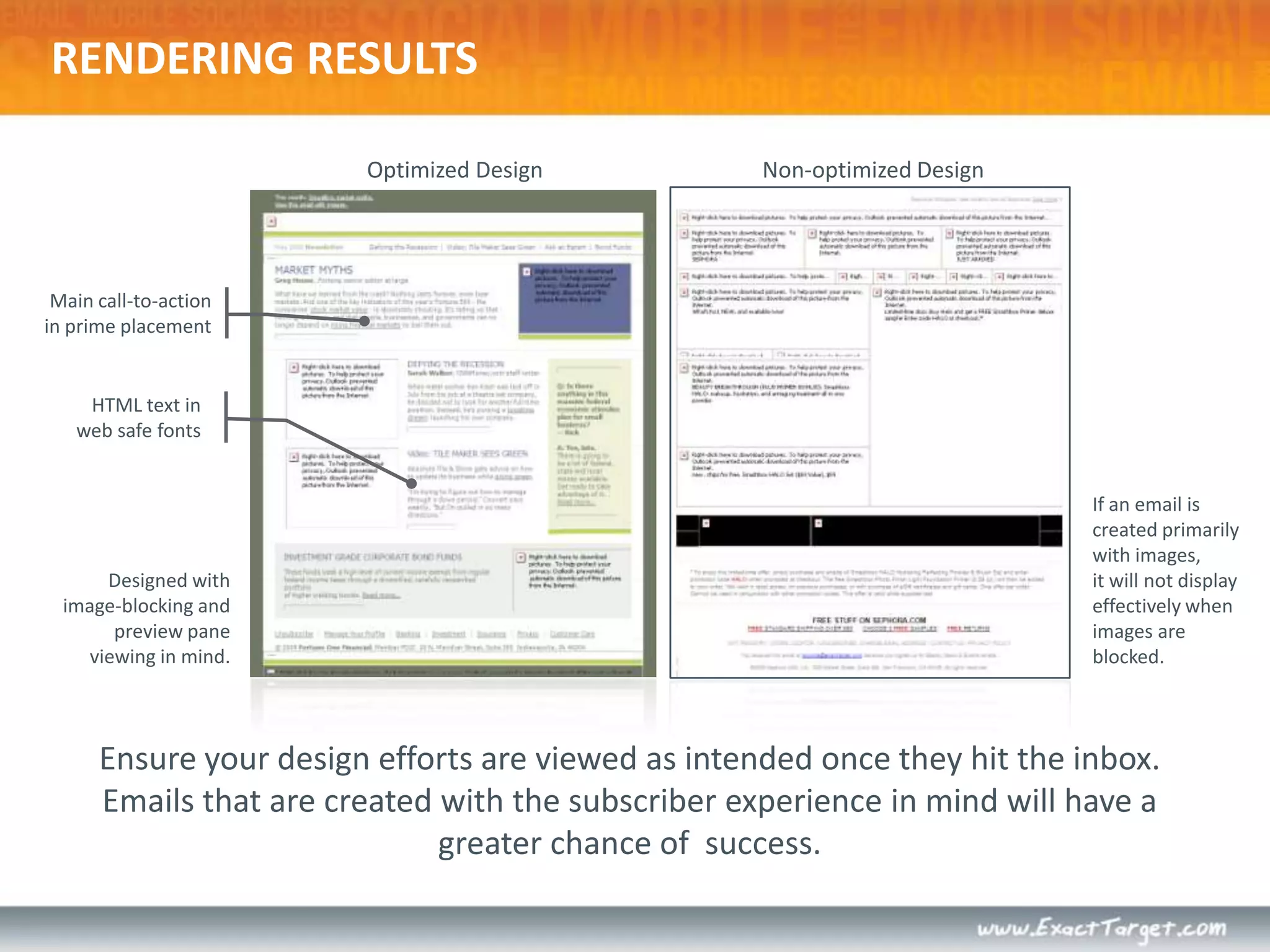 Optimized DesignNon-optimized DesignMain call-to-action in prime placement HTML text in web safe fonts If an email is created primarily with images,it will not display effectively when images are blocked.Designed with image-blocking and preview pane viewing in mind.Ensure your design efforts are viewed as intended once they hit the inbox. Emails that are created with the subscriber experience in mind will have a greater chance of  success.RENDERING RESULTS