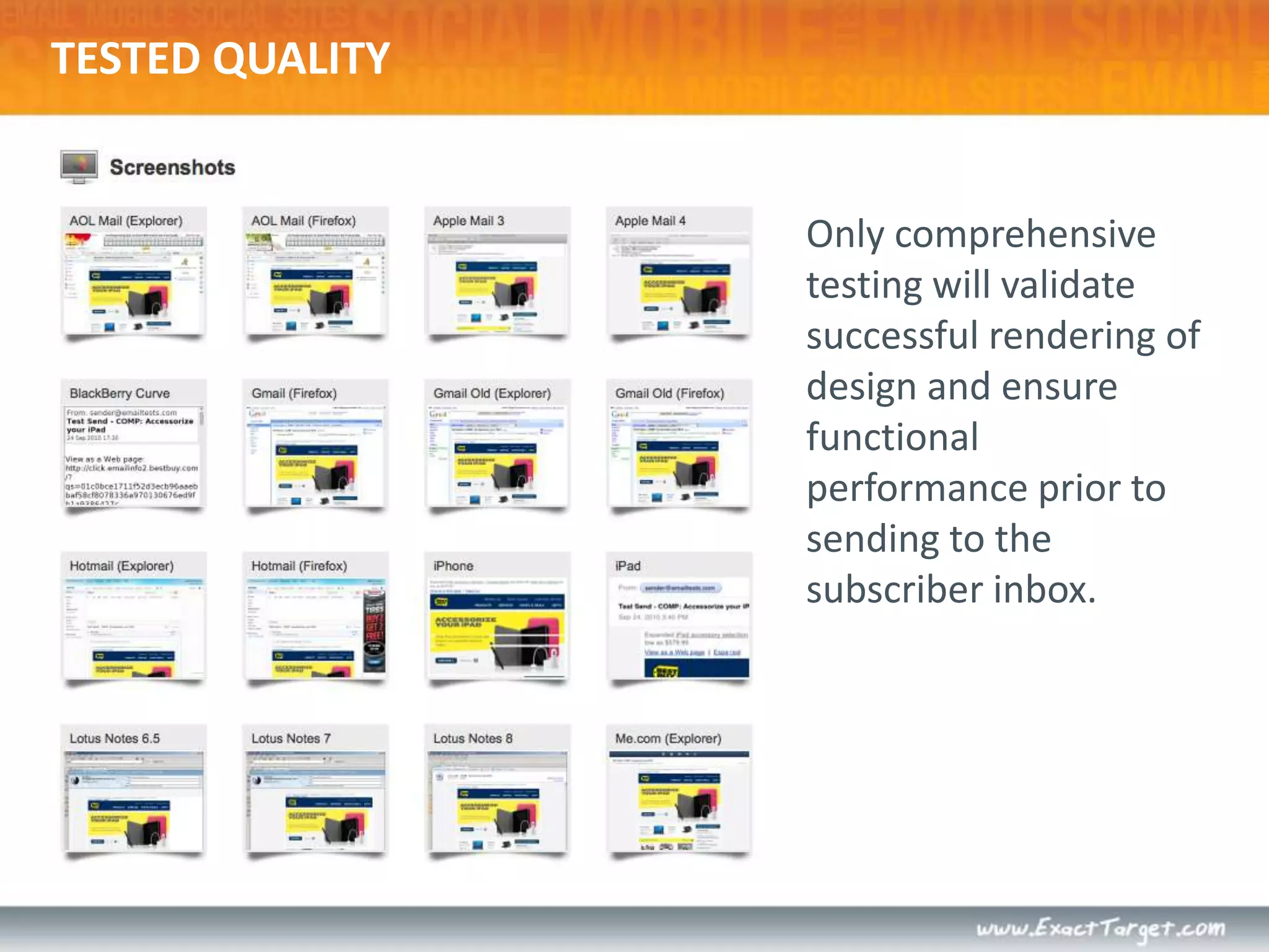 Only comprehensive testing will validate successful rendering of design and ensure functional performance prior to sending to the subscriber inbox.TESTED QUALITY
