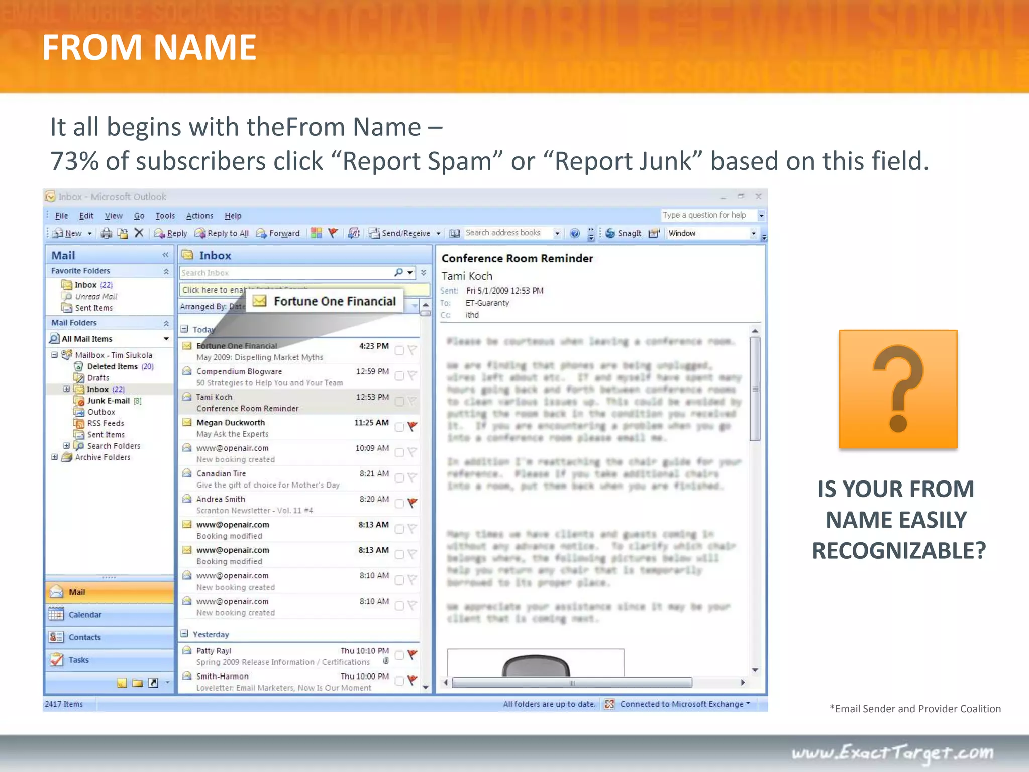It all begins with theFrom Name – 73% of subscribers click “Report Spam” or “Report Junk” based on this field.*Email Sender and Provider CoalitionFROM NAMEIS YOUR FROM NAME EASILY RECOGNIZABLE?