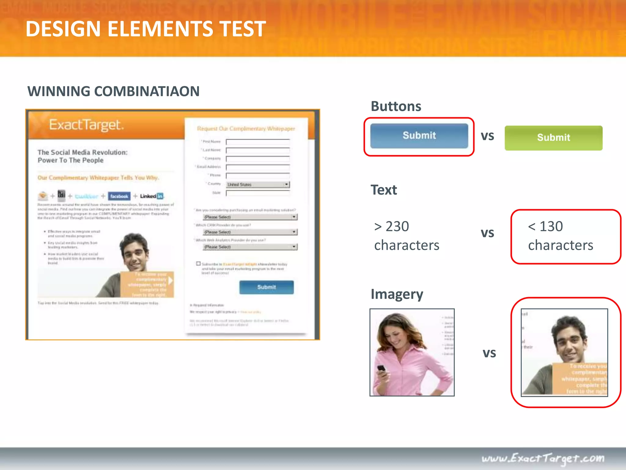 DESIGN ELEMENTS TESTButtonsvsText> 230 characters< 130 charactersvsImageryvs