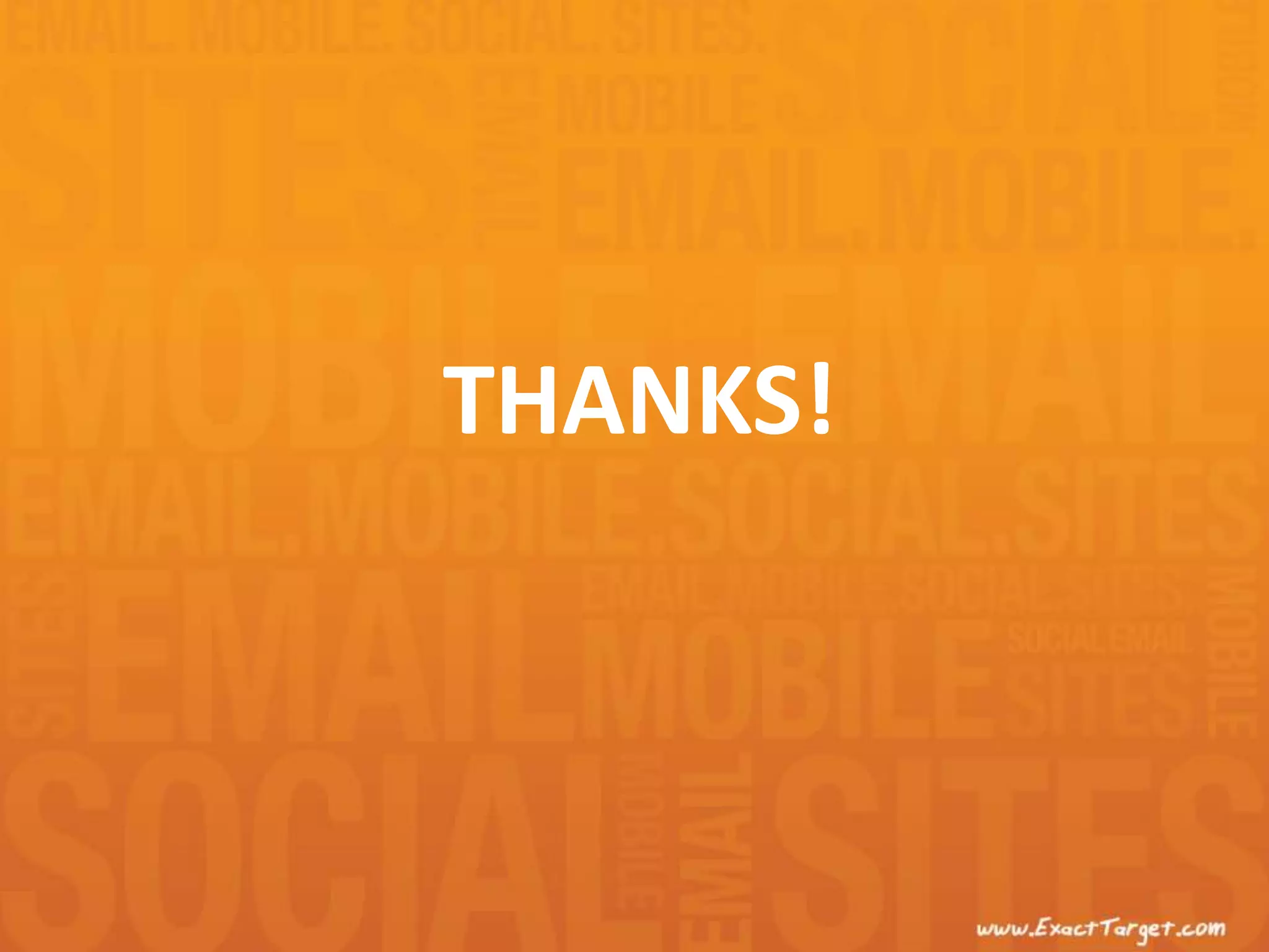 ExactTarget Design ResourcesDesign Team BlogNew posts weekly!blog.exacttarget.comMarketingExperimentsMaximize Agency ROIthrough testingTwitter@ETDesigntwitter.com/etdesign