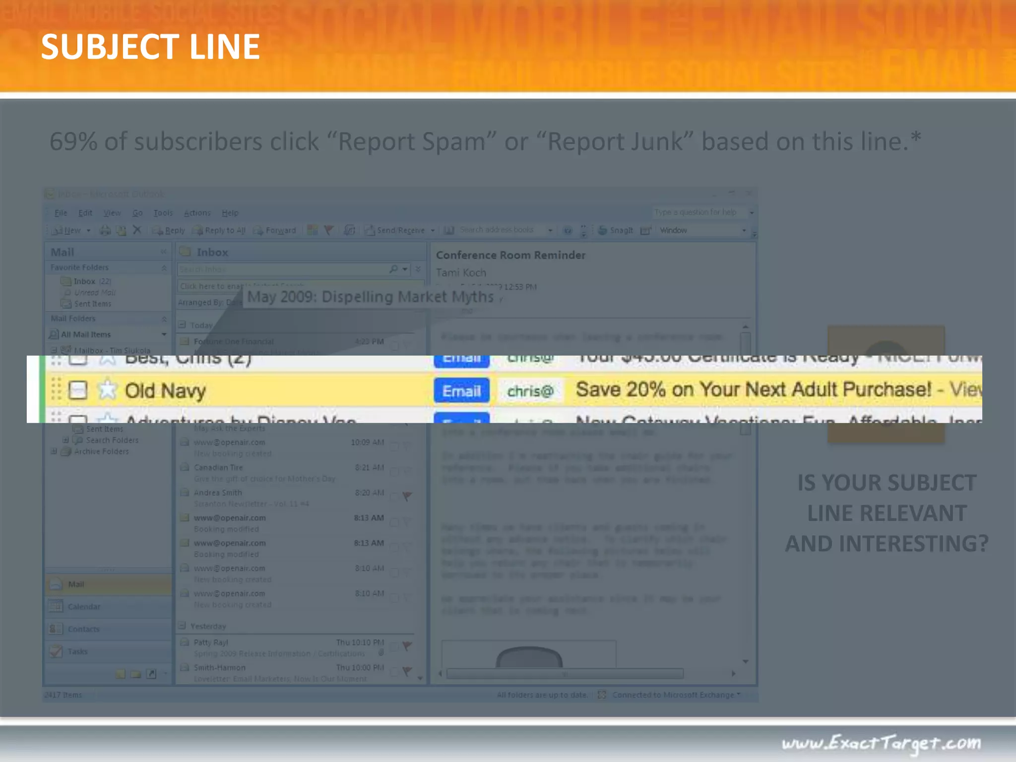 SUBJECT LINE69% of subscribers click “Report Spam” or “Report Junk” based on this line.*IS YOUR SUBJECT LINE RELEVANT AND INTERESTING?