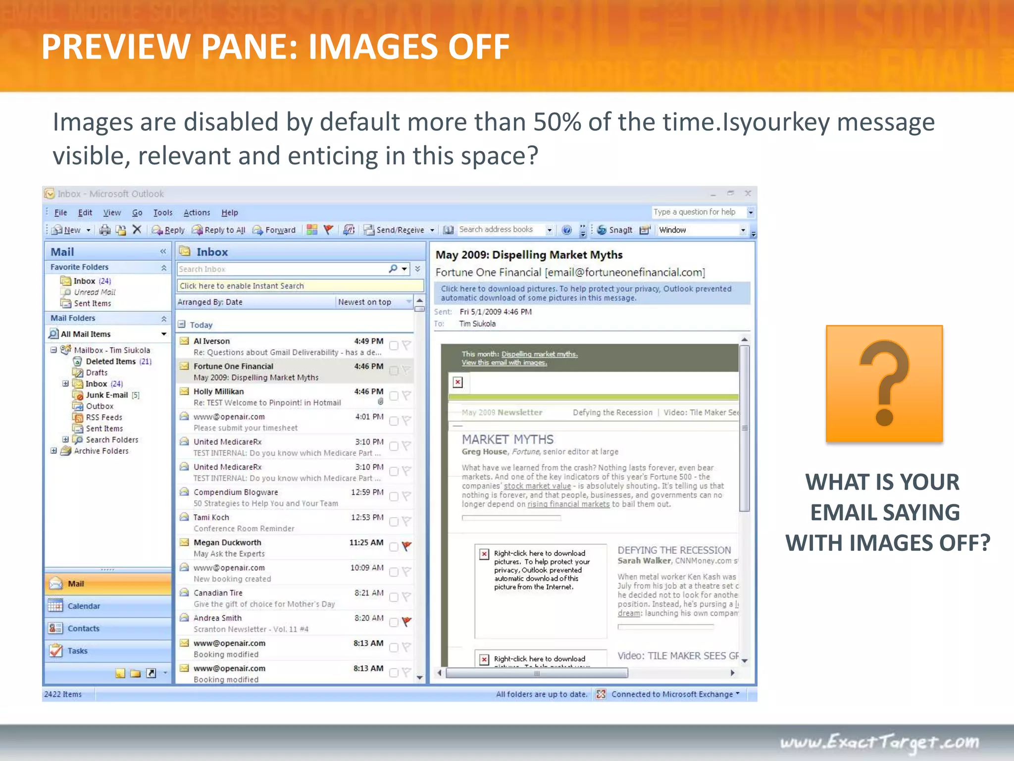 Images are disabled by default more than 50% of the time.Isyourkey message visible, relevant and enticing in this space?PREVIEW PANE: IMAGES OFFWHAT IS YOUR EMAIL SAYING WITH IMAGES OFF?
