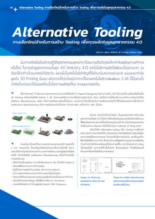 เชื่อว่าหลายๆ ท่านในวงการอุตสาหกรรมคงจะเคยได้ยินค�ำว่า Rapid Prototyping กันมานานแล้ว แม้ว่าปัจจุบันนี้จะเปลี่ยนชื่อใหม่เป็น
3D Printing หรือเทคโนโลยีการพิมพ์ 3 มิติ กับกระแสที่เรียกว่าแรงดีไม่มีตกอยู่ทุกวันนี้ จริงๆ แล้วไม่ว่าจะชื่อไหนก็มาจากหลักการเดียวกันก็คือ
Additive Manufacturing (AM) หรือการผลิตแบบเพิ่มเนื้อนั่นเอง และแตกต่างโดยสิ้นเชิงกับการผลิตแบบเดิมที่เราใช้กันโดยแพร่หลายซึ่งเรียกว่า
Subtractive Manufacturing หรือการผลิตแบบตัดเนื้อออก ตัวอย่างเช่น เครื่องจักร CNC เป็นต้น
	 หลายๆ ข้อจ�ำกัดที่กล่าวไปนั้น เป็นอุปสรรคต่อการท�ำงานใน
อุตสาหกรรมในยุค 4.0 ที่เน้นการเชื่อมโยงข้อมูลแบบอัตโนมัติและเป็นระบบ
ที่ใช้คนน้อยมากๆ เพราะเครื่องจักรและอุปกรณ์ต่างๆ จะสามารถประสานงาน
กันได้เองผ่าน Internet หรือที่เรียกกันว่า Internet of Thing (IOT)
	 แล้วอะไรคือ Alternative Tooling หรือ Tooling ทางเลือกล่ะ
จริงๆ แล้วความน่าสนใจก็คือ ต้องยอมรับว่าเทคโนโลยีเข้ามามีส่วนในโลก
ของการผลิตในแทบจะทุกจุด ใครมองเห็นโอกาสก่อนกัน และเห็นมุมที่จะ
ใช้เทคโนโลยีได้มากกว่ากัน ซึ่งทุกๆ โอกาสที่ผู้ผลิตต่างมองหาคงหนีไม่พ้น
ว่าจะท�ำอย่างไรถึงจะผลิตของได้คุณภาพดีขึ้น ราคาต้นทุนต่างๆ ลดลง
เพื่อแข่งขันได้ และเวลาที่เร็วขึ้นในทุกๆ ขั้นตอนนั่นเอง โจทย์ใหญ่ตรงนี้
เกือบทุกครั้งเทคโนโลยีเข้ามาช่วยเสมอ
Design for Machining
(เน้นผลิตง่าย แล้วมาประกอบ
เข้าด้วยกัน)
Design for Additive Manufacturing
(AM) (ออกแบบได้ตรงวัตถุประสงค์และ
ยังผลิตง่ายขึ้นด้วย)
บทความ: สุชนม์ โพธิ์พริก 3D Printing Solution Dept.
Alternative Tooling ทางเลือกใหม่ส�ำหรับการสร้าง Tooling เพื่อการผลิตในยุคอุตสาหกรรม 4.0
	ก่อนอื่นเราต้องเข้าใจความแตกต่างของกรรมวิธีการผลิตทั้ง
2 แบบ ก่อนนะครับ ซึ่งจะเป็นประโยชน์อย่างมากในการเลือกใช้ เพราะ
แต่ละวิธีต่างมีจุดเด่นกันคนละด้าน และเราคงไม่สามารถปฏิเสธเทคโนโลยี
เดิมได้ แล้วเทคโนโลยี Subtractive Manufacturing มีข้อจ�ำกัดอะไรใน
การผลิตบ้างล่ะ
- มีข้อจ�ำกัดเรื่องรูปทรง ความซับซ้อนของงาน เช่น ต้องไม่มี Undercut
- มีของเสียในกระบวนการท�ำงานเยอะ
- ไม่เอื้อต่อการผลิตจ�ำนวนน้อย เพราะราคาจะสูงมาก
- มีความยุ่งยากในกระบวนการท�ำงานและมีขั้นตอนเยอะ
- ต้องอาศัยทักษะและแรงงานของมนุษย์ในเกือบทุกขั้นตอนการท�ำงาน
- ต้องจัดท�ำเอกสารข้อมูล เพื่อใช้ในการสั่งงาน กระจายงาน
- บ่อยครั้งต้องมีการว่าจ้างผู้ผลิตภายนอก หรือ Outsource
	 นับจากอดีตเมื่อเริ่มมีการปฏิวัติอุตสาหกรรมยุคแรกๆ เรื่อยมาจนถึงปัจจุบันที่เราก�ำลังเผชิญความท้าทาย
ครั้งใหม่ ในการเข้าสู่อุตสาหกรรมในยุค 4.0 (Industry 4.0) เทคโนโลยีการผลิตได้พัฒนาไปอย่างมาก จน
เรียกได้ว่าก้าวล�้ำอนาคตเข้าไปทุกวัน และหนึ่งในเทคโนโลยีส�ำคัญที่ได้เข้ามามีบทบาทอย่างมาก แน่นอนเราก�ำลัง
พูดถึง 3D Printing นั่นเอง แล้วเราจะได้ประโยชน์จากการใช้งานเทคโนโลยีการพิมพ์แบบ 3 มิติ นี้ได้อย่างไร
เจ้าสิ่งนี้จะช่วยเราได้น้อยแค่ไหนในโลกการผลิตยุคใหม่ ตามผมมาเลยครับ
Alternative Toolingทางเลือกใหม่ส�ำหรับการสร้าง Tooling เพื่อการผลิตในยุคอุตสาหกรรม 4.0
18
 