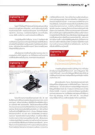 Engineering 2.0
1970’s - 1995
	 ในยุคนี้ ก็ถือเป็นยุคที่ก�ำเนิดคอมพิวเตอร์เมนเฟรมขนาดใหญ่
แน่นอนว่าราคาสูงลิ่วเพราะเป็นของใหม่ และมีการพัฒนาต่อกลายเป็น
คอมพิวเตอร์ขนาดเล็ก คอมพิวเตอร์ส่วนบุคคล ในราคาที่จับต้องได้
กลุ่มวิศวกร นักออกแบบ รวมถึงนักประดิษฐ์ต่างๆ สามารถที่จะเขียน
วงกลม เส้นโค้ง และสิ่งต่างๆ บนหน้าจอคอมพิวเตอร์ได้โดยง่าย
	 การปฏิวัติในยุคนี้ถือว่าดีขึ้นร่วม 20-30 ปี โดยที่ยังมีการใช้
งานทั้งในส่วนงานบุคคลและองค์กรอยู่จนถึงปัจจุบัน โดยสิ่งที่เห็นชัดเจน
อย่างมีนัยส�ำคัญคือเมื่อมีการเปลี่ยนแปลงใดๆ ในอดีตนั้นคงต้องพึ่งพา
ยางลบ แต่ปัจจุบันเรามียางลบอิเล็กทรอนิกส์ ซึ่งสามารถลบได้ง่ายและ
ท�ำใหม่เท่าไรก็ได้ตามต้องการ
	 เครื่องมือหลายๆ ส่วนที่ช่วยค�ำนวณในการออกแบบ เช่น การ
หาจุดศูนย์กลาง พื้นที่ จุดศูนย์ถ่วง ฯลฯ อีกทั้งยังสามารถค�ำนวณภาพ
ฉายที่ซับซ้อนให้กลายเป็นเรื่องง่ายๆ ด้วยเทคนิคทางคอมพิวเตอร์
Engineering 3.0
1995 - 2015
	 ในขณะที่ความสามารถของโปรแกรมสามมิติ หรือ 3D CAD
เป็นที่รู้จักและมีการใช้กันอย่างแพร่หลายในอุตสาหกรรมการบิน อวกาศ
และยานยนต์ แต่ในตลาดส่วนใหญ่ ยังไม่ได้รู้จักกับเทคโนโลยีพวกนี้มาก
นัก จนถึงต้นปี 1990 SOLIDWORKS ได้เปิดตัวสุดยอดโปรแกรมที่ท�ำให้
วิศวกรและนักออกแบบทุกคนได้สัมผัสกับโปรแกรมสามมิติบนเครื่อง
เดสก์ทอป ซึ่งวิศวกรทุกคนเริ่มต้นใช้กันจริงจังในปี ค.ศ. 1995 และตั้งแต่
วันนั้นจนถึงวันนี้ก็มีผู้ใช้ทั่วโลกมากกว่า 2 ล้านคน ทั้งในเชิงพาณิชย์และ
ในหน่วยงานการศึกษา 3D CAD อย่าง SOLIDWORKS มีการพัฒนา
ตลอดเวลา ในแต่ละปีจะเพิ่มความสามารถใหม่ๆ ความเร็วในการใช้งาน
รวมถึงความสามารถในการแสดงผลที่สมจริงมากขึ้น เพื่อตอบสนอง
การคิดประดิษฐ์อะไรใหม่ๆ นอกเหนือจากการสร้างงานด้านการออกแบบ
และถ่ายทอดไอเดียมาใช้ในชีวิตประจ�ำวันได้อย่างยอดเยี่ยมแล้ว วิศวกร
ก็ยังสามารถจ�ำลองหรือทดสอบการท�ำงานของงานที่ออกแบบนั้นก่อน
ที่จะมีการผลิตจริง ชิ้นส่วนสามารถทดสอบความแข็งแรง ความทนทาน
ภายใต้เงื่อนไขที่แตกต่างกัน วิเคราะห์เกี่ยวกับความเสียหายอันเนื่องมา
จากความร้อนของอุณหภูมิ วิเคราะห์การสั่นสะเทือน การโก่งงอและความ
ล้าของตัววัสดุได้อย่างแม่นย�ำ งานพวกแผงวงจรไฟฟ้าก็สามารถ
จ�ำลองได้เช่นกัน ไม่เว้นแม้แต่การทดสอบเกี่ยวกับของไหลที่สามารถหา
คุณสมบัติและผลกระทบต่างๆ รวมไปถึงงานที่เป็นลักษณะงานฉีด
พลาสติก (injection molding) ซึ่งสามารถจ�ำลองงานฉีดก่อนมีการส่ง
เข้าสู่กระบวนการผลิตจริงๆ ซึ่งทั้งงานออกแบบและผลการจ�ำลองเหล่า
นี้สามารถจัดเก็บภูมิความรู้หรือผลลัพธ์ทั้งหมดไว้ในระบบที่มีการรักษา
ความปลอดภัยอย่างดีซึ่งจะเรียกว่าระบบPDM(ProductDataManagement)
ระบบนี้ไม่เพียงแต่จัดการไฟล์เรื่องความปลอดภัยเท่านั้น แต่สามารถ
จัดการเรื่องการแก้ไข การป้องกันไม่ให้ข้อมูลเขียนทับกัน อีกทั้งยังสามารถ
ติดตามตรวจเช็คการเชื่อมโยงของไฟล์ นอกเหนือจากนั้นตัวโปรแกรมยัง
สามารถสร้างงานเรนเดอร์เพื่อสร้างภาพที่เสมือนจริง และท�ำภาพ
เคลื่อนไหวเพื่อใช้กับงานน�ำเสนอได้
Engineering 4.0
2015 – ?
ดังนั้นอนาคตต่อไปของงาน
ด้านวิศวกรรมจะไปทิศทางไหน ?
	 การแชร์ข้อมูลในยุคอนาคตมีความส�ำคัญมากๆ การที่จะต้อง
มีการเริ่มงานจากศูนย์เป็นสิ่งที่ไม่ควรกระท�ำ เพราะว่าข้อมูลต่างๆ ได้มี
การสร้างไว้บ้างแล้ว สามารถที่จะดึงข้อมูลมาใช้ได้อย่างมีประสิทธิภาพ
การใช้ข้อมูลร่วมกันอย่างเหมาะสมในยุคนี้เป็นกุญแจส�ำคัญในการเริ่มต้น
งานวิศวกรรม 4.0
	 ผู้ร่วมทุนในองค์กร ทีมงาน ทีมเทคนิคแต่ละคนควรมีการเข้า
ถึงข้อมูลที่ต้องการในรูปแบบเฉพาะภายใต้เงื่อนไขที่ก�ำหนด โดยสามารถ
เข้าได้ตลอดเวลา และจะมีระบบรักษาความปลอดภัยที่สูงจากส่วนกลาง
ซึ่งข้อมูลที่จ�ำเป็นในการแชร์ เช่น การเสนอราคาส�ำหรับงานขาย ค่าวัสดุ
ส�ำหรับการจัดซื้อ การตลาด รวมถึงเอกสารที่แสดงภาพเคลื่อนไหว
เอกสารตรวจสอบคุณภาพ รวมถึงไฟล์หลากหลายรูปแบบที่จ�ำเป็นในการ
ท�ำงาน เช่น eDrawings, 3D PDF, STEP, IGES etc... ทุกๆ ฝ่ายจะมี
เวลามากขึ้นในการท�ำงาน และใช้เวลาน้อยในการท�ำความเข้าใจนั้นๆ
SOLIDWORKS vs Engineering 4.0 05
 