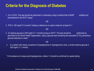 115
Criteria for the Diagnosis of Diabetes
1. A1c ≥ 6.5%. This test should be performed in a laboratory using a method that is NGSP certified and
standardized to the DCCT assay.*
OR
2. FPG ≥ 126 mg/dl (7.0 mmol/l). Fasting is defined as no caloric intake for at least 8 h.*
OR
3. 2-h plasma glucose ≥ 200 mg/dl (11.1 mmol/l) during an OGTT. This test should be performed as
described by the World Health Organization, using a glucose load containing the equivalent of 75 g anhydrous
glucose dissolved in water.*
OR
4. In a patient with classic symptoms of hyperglycemia or hyperglycemic crisis, a random plasma glucose ≥
200 mg/dl (11.1 mmol/l).
* In the absence of unequivocal hyperglycemia, criteria 1-3 should be confirmed by repeat testing
American Diabetes Association. Diabetes Care 2010;33(suppl 1):S62-S69.
 