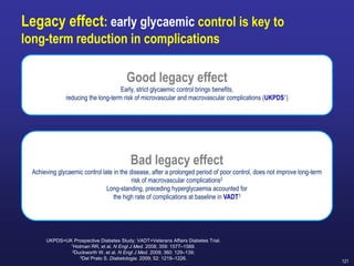 121
Legacy effect: early glycaemic control is key to
long-term reduction in complications
Bad legacy effect
Achieving glycaemic control late in the disease, after a prolonged period of poor control, does not improve long-term
risk of macrovascular complications2
Long-standing, preceding hyperglycaemia accounted for
the high rate of complications at baseline in VADT3
UKPDS=UK Prospective Diabetes Study; VADT=Veterans Affairs Diabetes Trial.
1Holman RR, et al. N Engl J Med. 2008; 359: 1577–1589.
2Duckworth W, et al. N Engl J Med. 2009; 360: 129–139;
3Del Prato S. Diabetologia. 2009; 52: 1219–1226.
Good legacy effect
Early, strict glycaemic control brings benefits,
reducing the long-term risk of microvascular and macrovascular complications (UKPDS1)
 