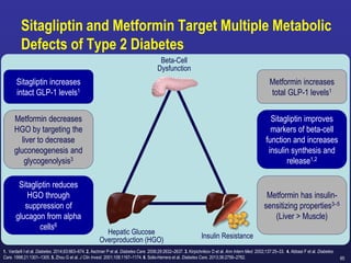 65
Sitagliptin and Metformin Target Multiple Metabolic
Defects of Type 2 Diabetes
1. Vardarli I et al. Diabetes. 2014;63:663–674. 2. Aschner P et al. Diabetes Care. 2006;29:2632–2637. 3. Kirpichnikov D et al. Ann Intern Med. 2002;137:25–33. 4. Abbasi F et al. Diabetes
Care. 1998;21:1301–1305. 5. Zhou G et al. J Clin Invest. 2001;108:1167–1174. 6. Solis-Herrera et al. Diabetes Care. 2013;36:2756–2762.
Beta-Cell
Dysfunction
Hepatic Glucose
Overproduction (HGO)
Insulin Resistance
Sitagliptin improves
markers of beta-cell
function and increases
insulin synthesis and
release1,2
Sitagliptin reduces
HGO through
suppression of
glucagon from alpha
cells6
Metformin decreases
HGO by targeting the
liver to decrease
gluconeogenesis and
glycogenolysis3
Metformin has insulin-
sensitizing properties3–5
(Liver > Muscle)
Sitagliptin increases
intact GLP-1 levels1
Metformin increases
total GLP-1 levels1
 