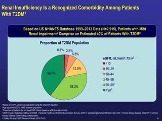 83
Renal Insufficiency Is a Recognized Comorbidity Among Patients
With T2DM1
aBased on eGFR, which was calculated using the CKD-EPI equation.
bAge adjusted to 2012 NHIS diabetes population.
cProportion of patients did not meet CKD criteria based on eGFR or albuminuria.
T2DM = type 2 diabetes mellitus; NHANES = National Health and Nutrition Examination Survey; eGFR = estimated glomerular filtration rate; CKD = chronic kidney disease; CKD-EPI = Chronic
Kidney Disease Epidemiology Collaboration.
1. Bailey RA et al. BMC Research Notes. 2014;7:415.
Based on US NHANES Database 1999–2012 Data (N=2,915), Patients with Mild
Renal Impairmenta Comprise an Estimated 40% of Patients With T2DMb
Proportion of T2DM Population
<15
15–29
30–44
45–59
60–89
≥90
eGFR, mL/min/1.73 m2
c
c
39.7%
38.3%
12.9%
5.8%
2.8%
0.4%
 