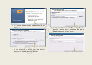 4. En la siguiente pantalla usaremos la imagen iso de un TEU
de Windows 7:
5. En esta indicaremos el nombre con el que deseemos
identificar a la máquina virtual y su ubicación:
6. En esta ventana indicaremos el nombre con el que deseamos
identificar la máquina virtual y su ubicación, para elegir su
ubicación utilizaremos el botón Browse…
 