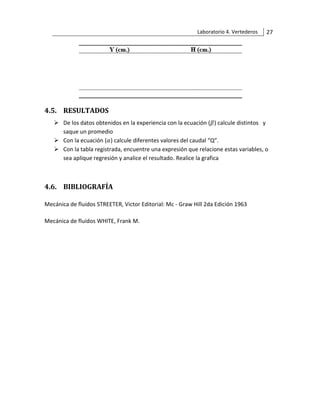 Laboratorio 4. Vertederos 27
4.5. RESULTADOS
➢ De los datos obtenidos en la experiencia con la ecuación (𝛽) calcule distintos y
saque un promedio
➢ Con la ecuación (𝛼) calcule diferentes valores del caudal “Q”.
➢ Con la tabla registrada, encuentre una expresión que relacione estas variables, o
sea aplique regresión y analice el resultado. Realice la grafica
4.6. BIBLIOGRAFÍA
Mecánica de fluidos STREETER, Victor Editorial: Mc - Graw Hill 2da Edición 1963
Mecánica de fluidos WHITE, Frank M.
 