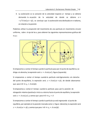 Laboratorio 5. Oscilaciones: Péndulo Simple 32
4. La aceleración es la variación de la velocidad respecto al tiempo y se obtiene
derivando la ecuación de la velocidad de donde se obtiene 𝑎 =
−𝜔2
𝐴 sin(𝜔𝑡 + 𝜙), se concluye que la aceleración esta desfasada en π radianes,
en relación a la posición
Podemos utilizar la proyección del movimiento de una partícula en movimiento circular
uniforme, sobre el eje de las x, para obtener las siguientes representaciones graficas del
m.a.s
Si empezamos a contar el tiempo cuando la partícula pasa por el punto de equilibrio y se
dirige a la derecha, la expresión será: 𝑥 = 𝐴 sin(𝜔𝑡), Figura (izquierda).
Si empezamos a contar el tiempo cuando la partícula está ligeramente a la derecha
del punto de equilibrio, la expresión será: 𝑥 = 𝐴 sin(𝜔𝑡 + 𝜙), de donde observamos
que para t=0 → 𝑥0 = 𝐴 sin(𝜙).
Si empezamos a contar el tiempo cuando la partícula pasa por la posición de
elongación máxima (positiva) e inicia su retorno hacia el punto de equilibrio, la expresión
será: 𝑥 = 𝐴 cos(𝜔𝑡), y vemos que para t=0 → 𝑥0 = 𝐴
Si empezamos a contar el tiempo cuando la partícula ya está regresando al punto de
equilibrio, por ejemplo en la posición marcada como 1, Figura (derecha), la expresión será
𝑥 = 𝐴 cos(𝜔𝑡 + 𝜙), y vemos que para t=0 → 𝑥0 = 𝐴 cos(𝜙).
 