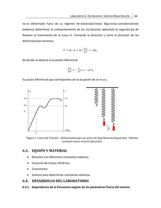 Laboratorio 6. Oscilaciones: Sistema Masa-Resorte 38
no es deformado fuera de su régimen de elasticidad lineal. Bajo estas consideraciones
podemos determinar el comportamiento de las oscilaciones aplicando la segunda ley de
Newton al movimiento de la masa m. Tomando la dirección x como la dirección de las
deformaciones tenemos
de donde se deduce la ecuación diferencial
Ecuación diferencial que corresponde con la ecuación de un m.a.s.
6.3. EQUIPO Y MATERIAL
• Resortes con diferentes constantes elásticas
• Conjunto de masas cilíndricas
• Cronometro
• Sistema para determinar constantes elásticas
6.4. DESARROLLO DEL LABORATORIO
6.4.1. Dependencia de la frecuencia angular de los parámetros físicos del sistema
 