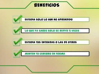 BENEFICIOS
ESTUDIA SOLO LO AUN NO APRENDIDO
LO QUE YA SABES SOLO SE REPITE 5 VECES
ESTUDIA TUS ENTRADAS O LAS DE OTROS
MANTEN TU CEREBRO EN FORMA