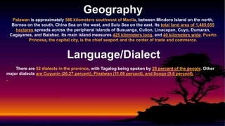 Geography
Palawan is approximately 586 kilometers southwest of Manila, between Mindoro Island on the north,
Borneo on the south, China Sea on the west, and Sulu Sea on the east. Its total land area of 1,489,655
hectares spreads across the peripheral islands of Busuanga, Culion, Linacapan, Cuyo, Dumaran,
Cagayanes, and Balabac. Its main island measures 425 kilometers long, and 40 kilometers wide. Puerto
Princesa, the capital city, is the chief seaport and the center of trade and commerce.
Language/Dialect
There are 52 dialects in the province, with Tagalog being spoken by 28 percent of the people. Other
major dialects are Cuyunin (26.27 percent), Pinalwan (11.08 percent), and Ilongo (9.6 percent).
 