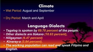 Climate
• Wet Period: August and September
• Dry Period: March and April
Language/Dialects
• Tagalog is spoken by 69.78 percent of the people.
• Other dialects are Ilokano (10.63 percent),
• Hiligaynon (6.47 percent)
• Kinaray-a (5.84 percent).
• The working population can read and speak Filipino and
English.
 