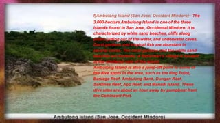 f)Ambulong Island (San Jose, Occident Mindoro)- The
3,000-hectare Ambulong Island is one of the three
islands found in San Jose, Occidental Mindoro. It is
characterized by white sand beaches, cliffs along
pillars jutting out of the water, and underwater caves.
Coral gardens and tropical fish are abundant in
several coves. The coral gardens and the white sand
beaches are fantastic. A fisherman's village is located
at the sheltered side of the island.
Ambulong Island is also a jump-off point to some of
the dive spots in the area, such as the Iling Point,
Baniaga Reef, Ambulong Bank, Dungan Reef,
Sardines Reef, Apo Reef, and Manadi Island. These
dive sites are about an hour away by pumpboat from
the Caminawit Port.
 