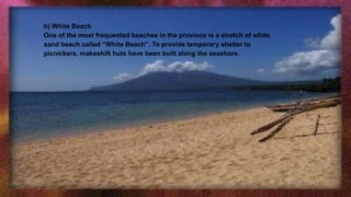 h) White Beach
One of the most frequented beaches in the province is a stretch of white
sand beach called “White Beach”. To provide temporary shelter to
picnickers, makeshift huts have been built along the seashore.
 