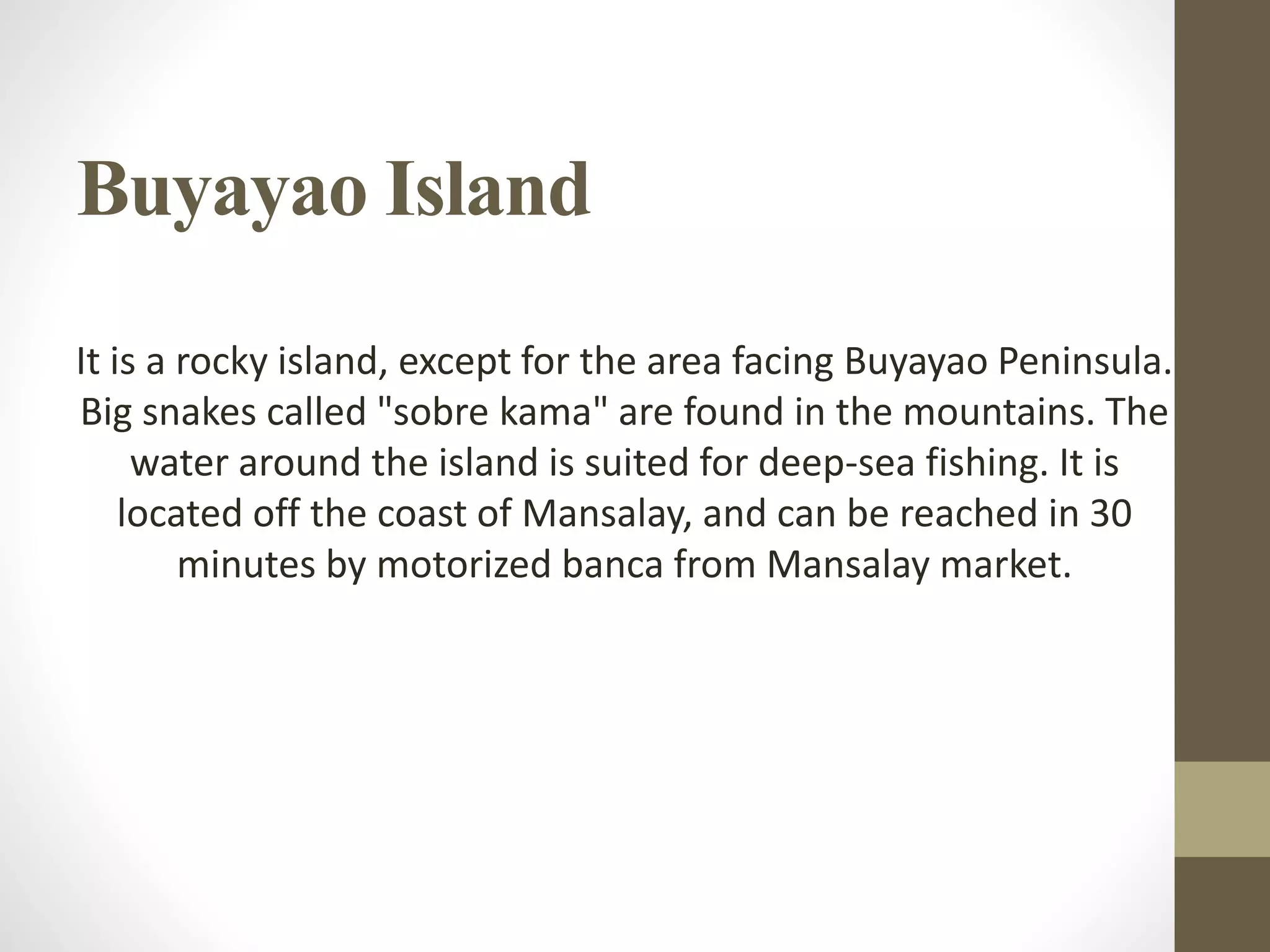 Buyayao Island
It is a rocky island, except for the area facing Buyayao Peninsula.
Big snakes called "sobre kama" are found in the mountains. The
water around the island is suited for deep-sea fishing. It is
located off the coast of Mansalay, and can be reached in 30
minutes by motorized banca from Mansalay market.
 