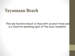Tayamaan Beach
This one hectare-beach is lined with coconut tress and
is a favorite swimming spot of the local residents.
 