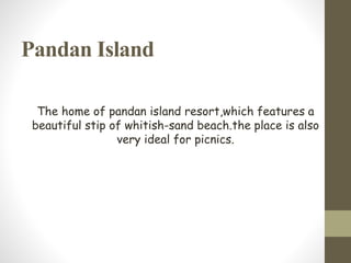 Pandan Island
The home of pandan island resort,which features a
beautiful stip of whitish-sand beach.the place is also
very ideal for picnics.
 
