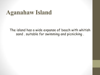 Aganahaw Island
The island has a wide expanse of beach with whitish
sand . suitable for swimming and picnicking .
 