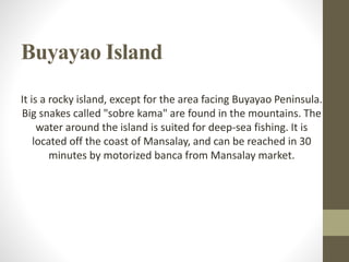 Buyayao Island
It is a rocky island, except for the area facing Buyayao Peninsula.
Big snakes called "sobre kama" are found in the mountains. The
water around the island is suited for deep-sea fishing. It is
located off the coast of Mansalay, and can be reached in 30
minutes by motorized banca from Mansalay market.
 