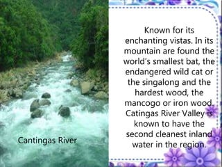 Cantinga Known for its
enchanting vistas. In its
mountain are found the
world’s smallest bat, the
endangered wild cat or
the singalong and the
hardest wood, the
mancogo or iron wood.
Catingas River Valley is
known to have the
second cleanest inland
water in the region.
Cantingas River
 