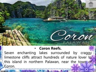 Climate
• Coron Reefs.
Seven enchanting lakes surrounded by craggy
limestone cliffs attract hundreds of nature lover to
this island in northern Palawan, near the town of
Coron.
 