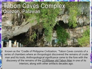 Known as the “Cradle of Philippine Civilization, “Tabon Caves consists of a
series of chambers where an thropologist discovered the remains of crude
man and his tools. Anthropological significance came to the fore with the
discovery of the remains of the 22,000year old Tabon Man in one of its
interiors, along with other artifacts decades ago.
 