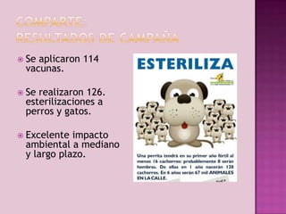  Se

aplicaron 114
vacunas.

 Se

realizaron 126.
esterilizaciones a
perros y gatos.

 Excelente

impacto
ambiental a mediano
y largo plazo.

 
