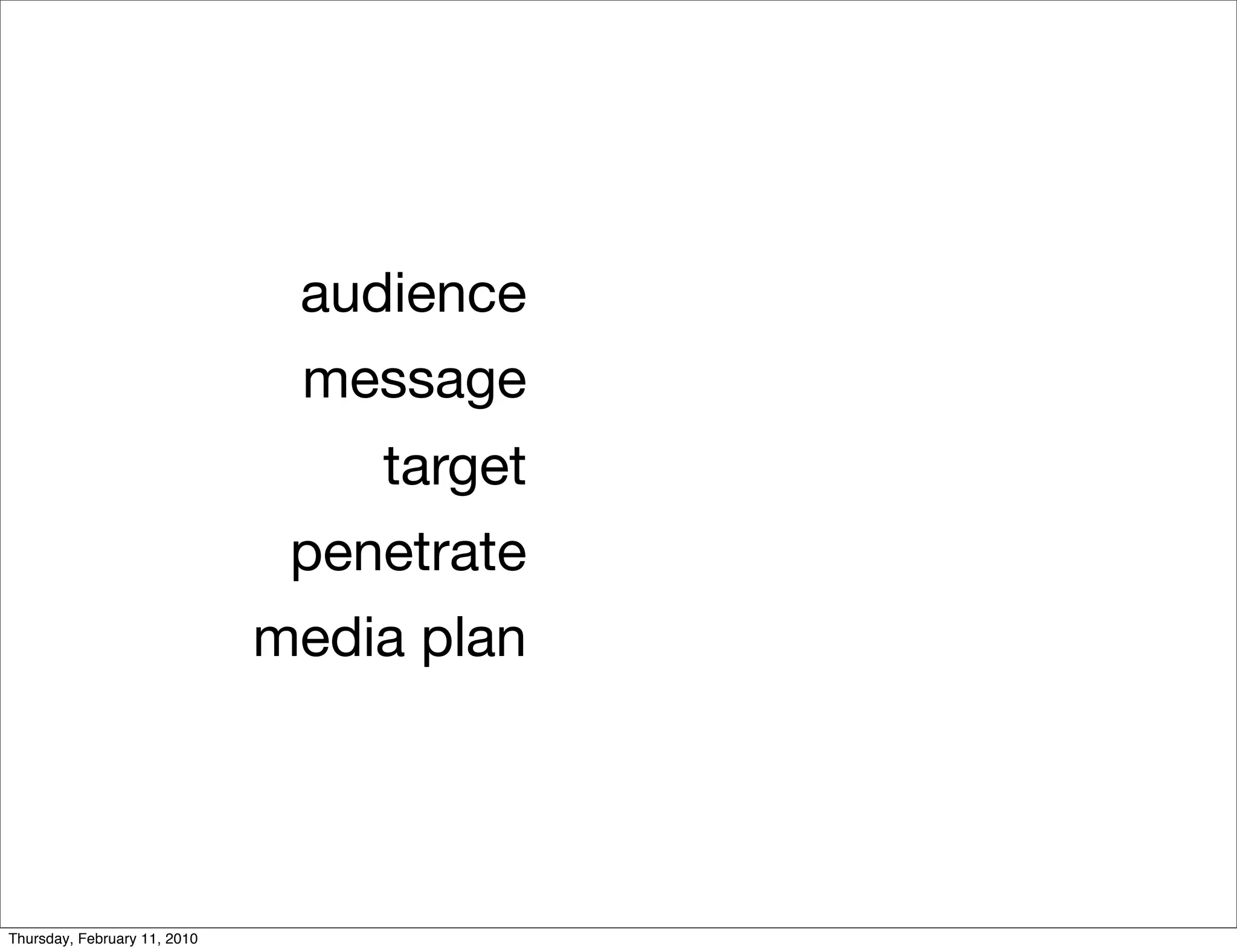 audience
                               message
                                  target
                               penetrate
                              media plan




Thursday, February 11, 2010
 