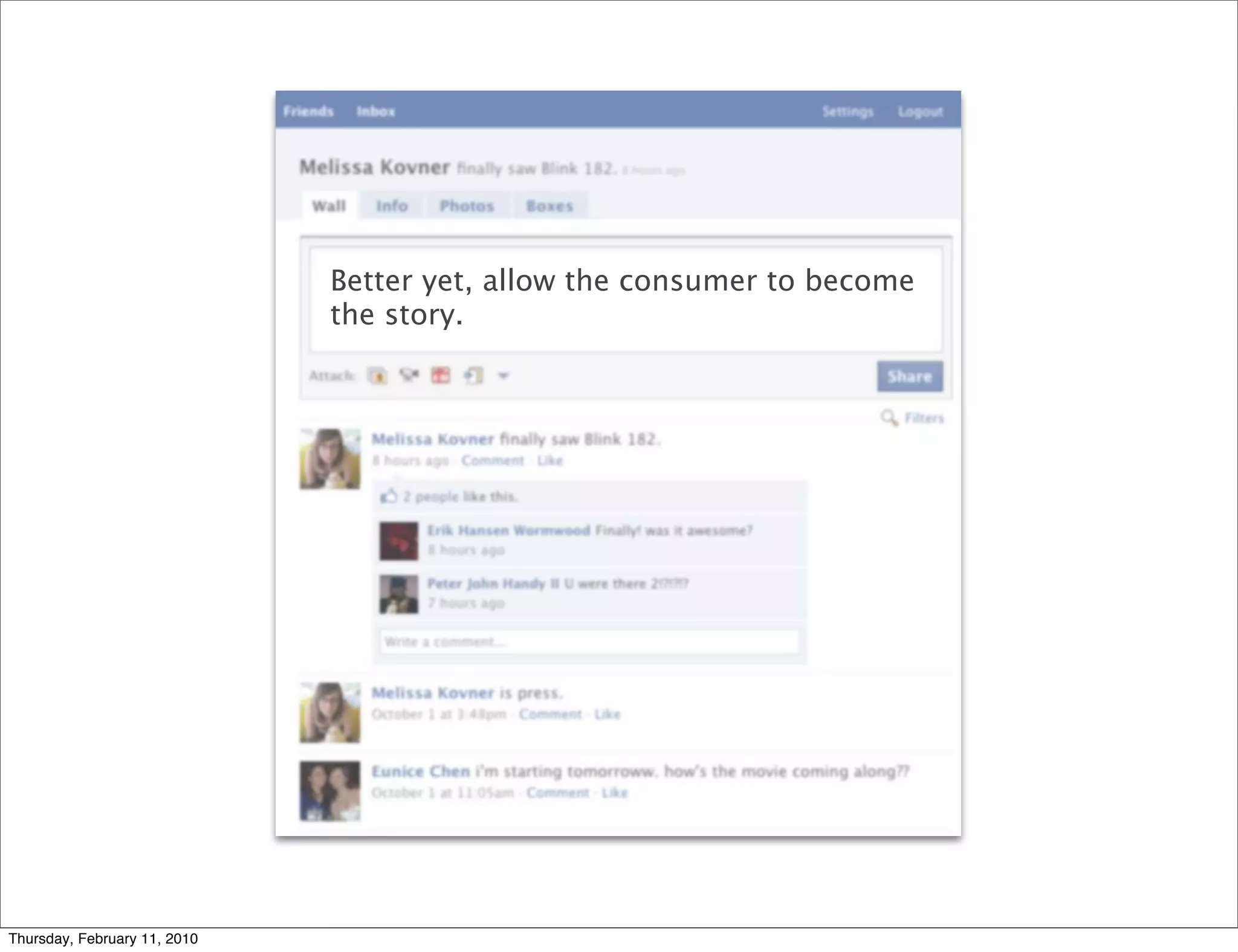 Better yet, allow the consumer to become
                              the story.




Thursday, February 11, 2010
 