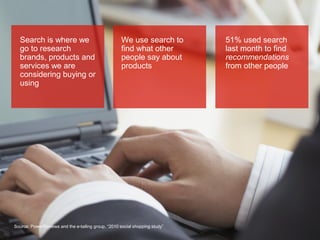 Search is where we
go to research
brands, products and
services we are
considering buying or
using

We use search to
find what other
people say about
products

Source: PowerReviews and the e-tailing group, “2010 social shopping study”

51% used search
last month to find
recommendations
from other people

7

 