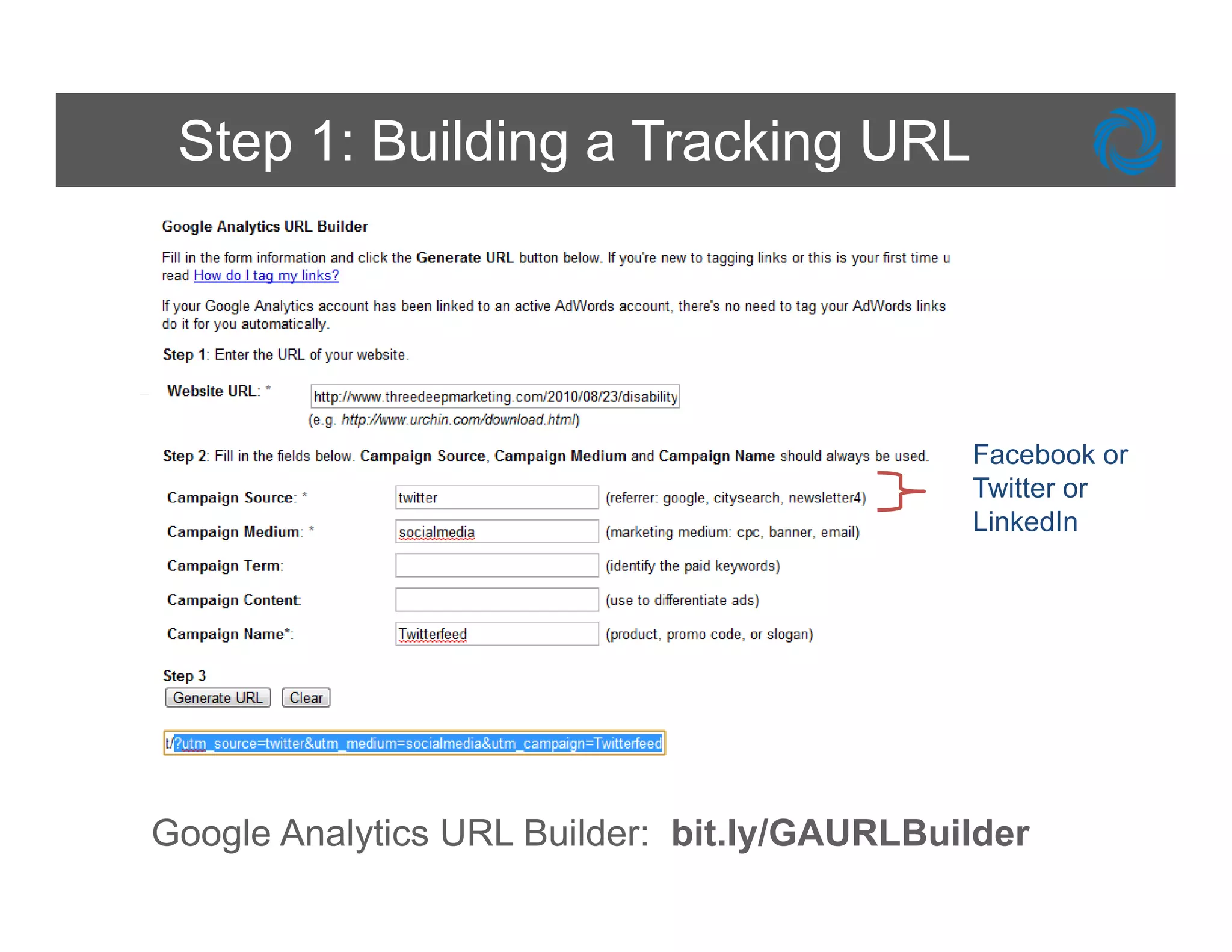 Step 1: Building a Tracking URL




                                             Facebook or
                                             Twitter or
                                             LinkedIn




Google Analytics URL Builder: bit.ly/GAURLBuilder
 