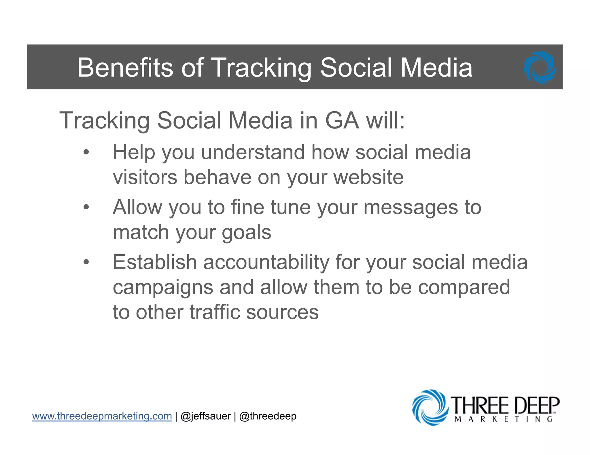 Benefits of Tracking Social Media
     Tracking Social Media in GA will:
         •     Help you understand how social media
               visitors behave on your website
         •     Allow you to fine tune your messages to
               match your goals
         •     Establish
               E t bli h accountability f your social media
                                  t bilit for     i l   di
               campaigns and allow them to be compared
               to other traffic sources



www.threedeepmarketing.com | @jeffsauer | @threedeep
 