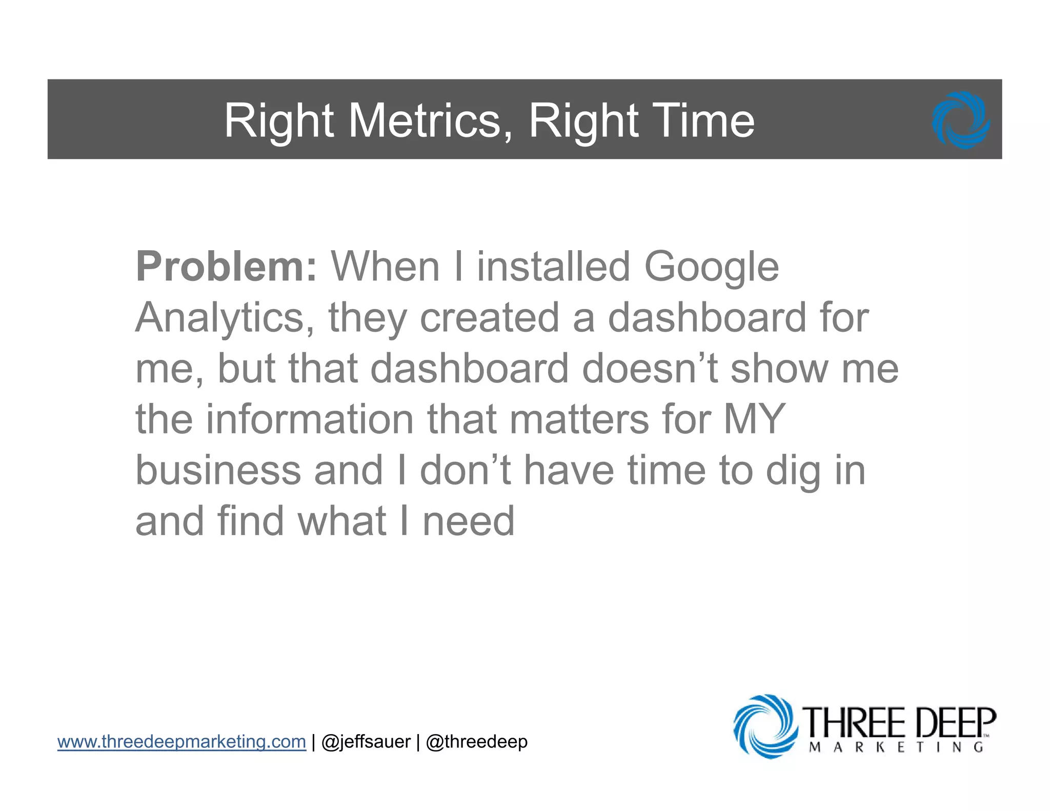 Right Metrics, Right Time


        Problem: Wh I installed G
        P bl       When i t ll d Google    l
        Analytics, they created a dashboard for
        me, b t th t d hb d d
             but that dashboard doesn’t show me
                                       ’t h
        the information that matters for MY
        business and I d ’t h
        b i          d don’t have ti
                                   time t di i
                                         to dig in
        and find what I need




www.threedeepmarketing.com | @jeffsauer | @threedeep
 