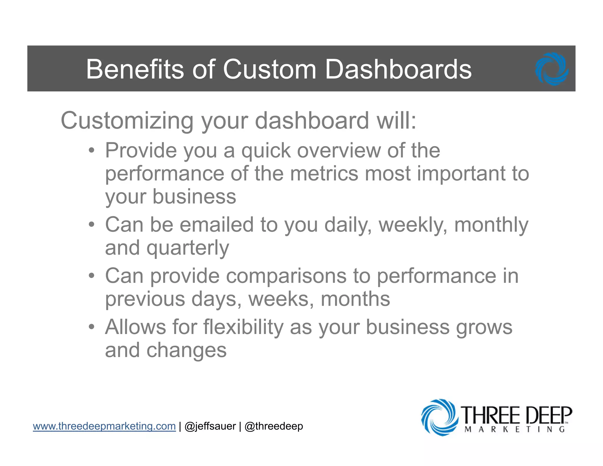 Benefits of Custom Dashboards
     Customizing your dashboard will:
          • P id you a quick overview of th
            Provide             i k      i    f the
            performance of the metrics most important to
            you business
            your bus ess
          • Can be emailed to you daily, weekly, monthly
            and quarterly
          • Can provide comparisons to performance in
            previous days, weeks, months
          • All
            Allows for flexibility as your b i
                   f fl ibilit             business grows
            and changes


www.threedeepmarketing.com | @jeffsauer | @threedeep
 