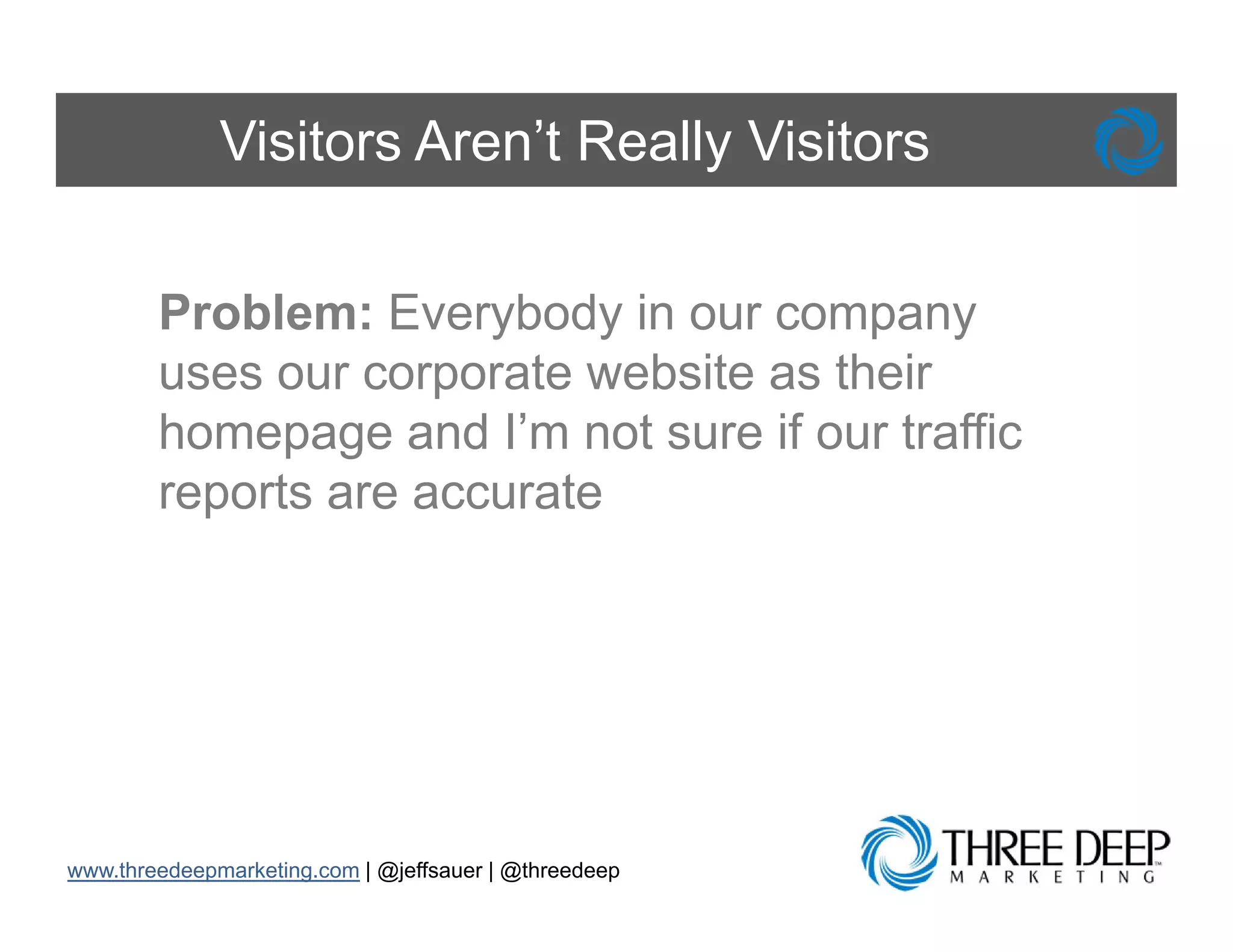 Visitors Aren’t Really Visitors


        Problem: E
        P bl       Everybody i our company
                         b d in
        uses our corporate website as their
        homepage and I’ not sure if our t ffi
        h             d I’m t            traffic
        reports are accurate




www.threedeepmarketing.com | @jeffsauer | @threedeep
 