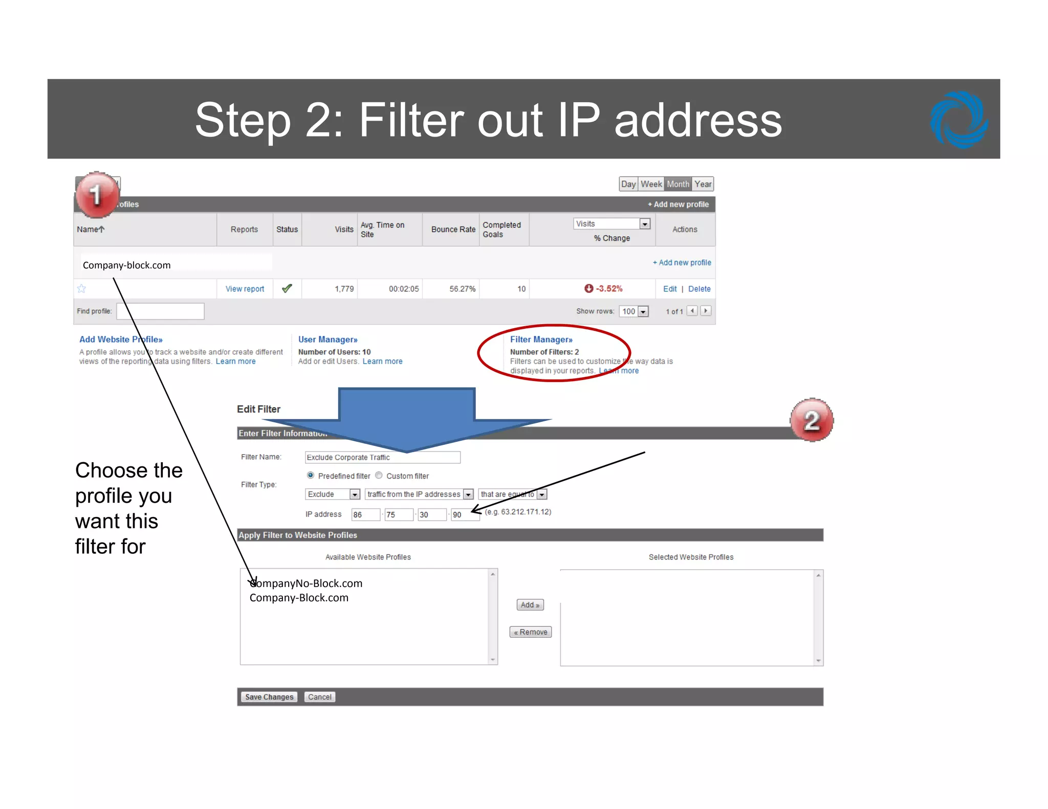 Step 2: Filter out IP address

Company‐block.com




Choose the
profile you
want this
filter for
                      CompanyNo‐Block.com
                      Company‐Block.com
 